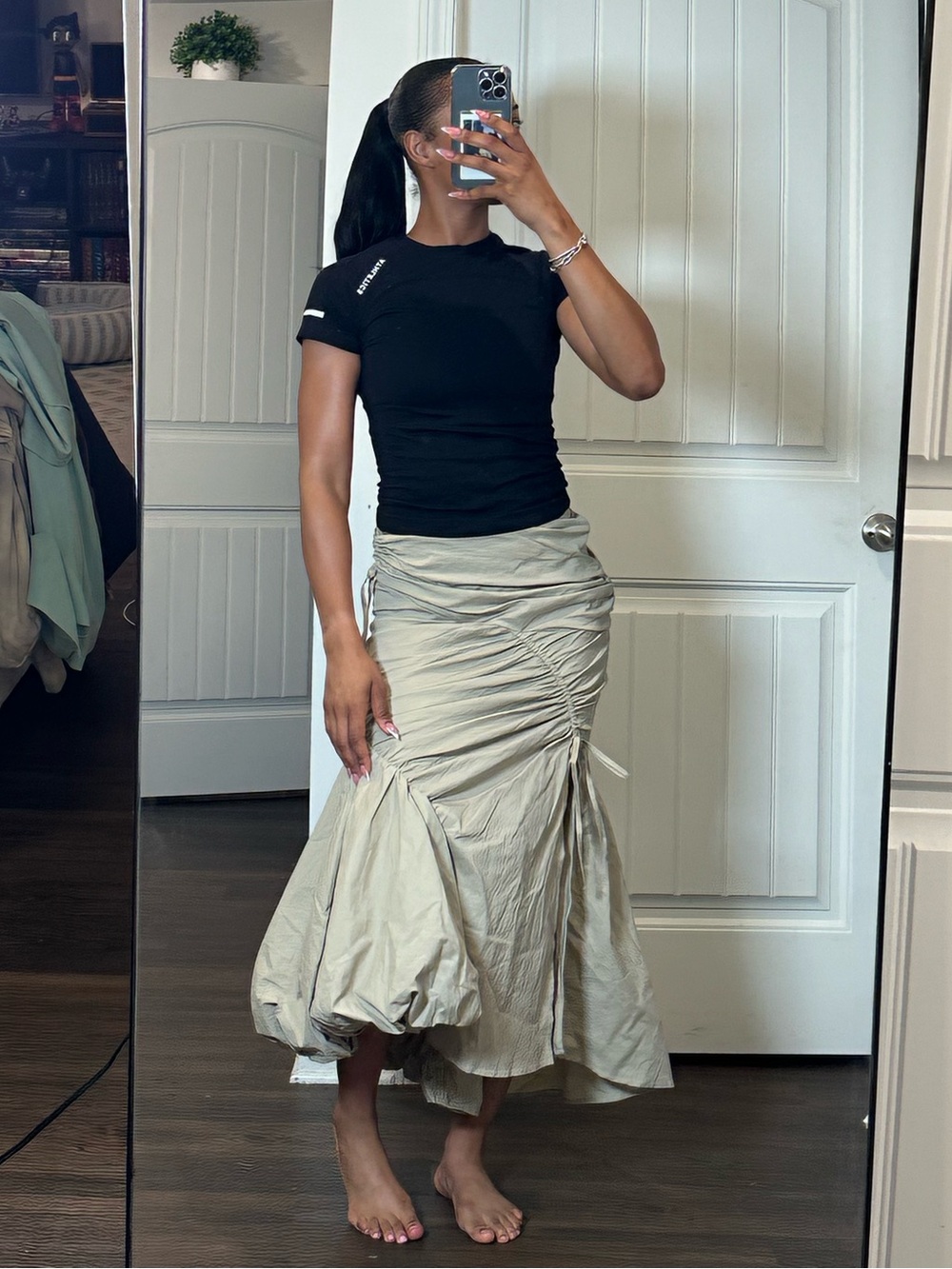 Urban Revivo RUCHED SPLIT HEM FISHTAIL COTTON MIDI SKIRT